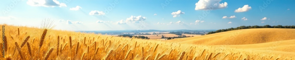 Golden wheat stalks sway gently in breeze, rolling hills under vast blue sky, golden hour, peaceful, brown Golden wheat stalks sway gently in breeze, rolling hills under vast blue sky, golden hour, peaceful, brown