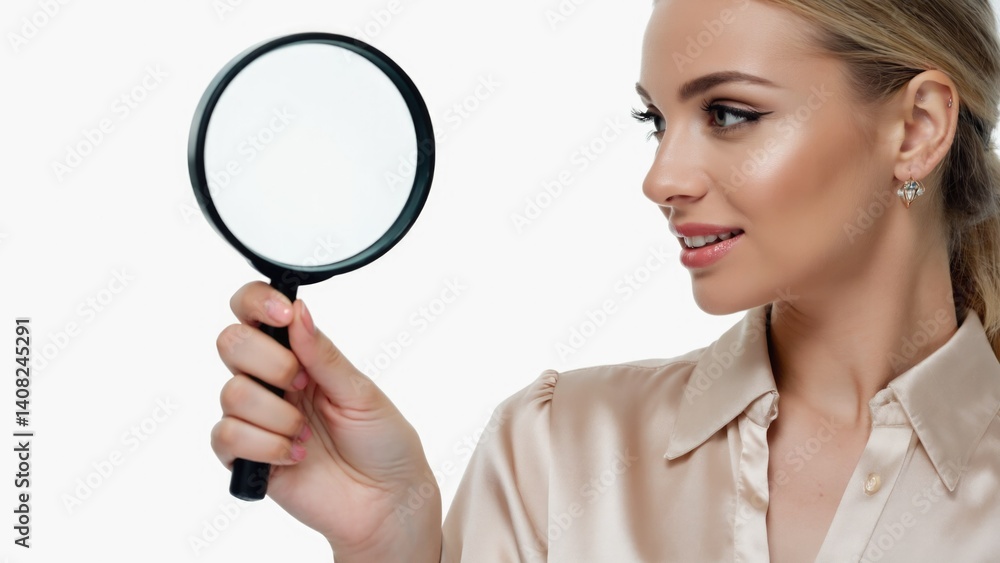 A woman holds a magnifying glass over her face, examining her skin and makeup closely.