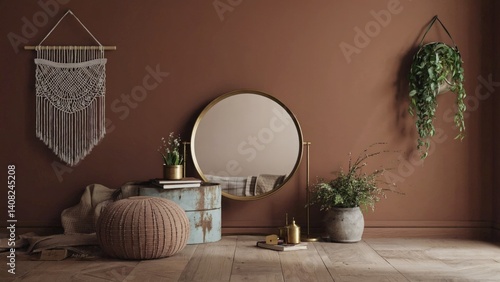 Obraz na płótnie Mirror on a wooden stand, vase with greenery, and textured wall in a cozy living space. w salonie