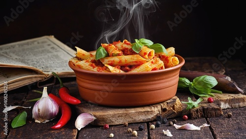 Obraz na płótnie Italian-style pasta dish with sauce and fresh herbs on a wooden table. w salonie