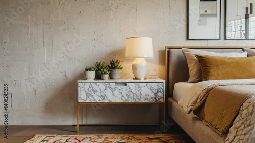 Modern bedroom with a marble table, comfortable couch and ruffled bedding. Plant decor adds a touch of nature to the space.