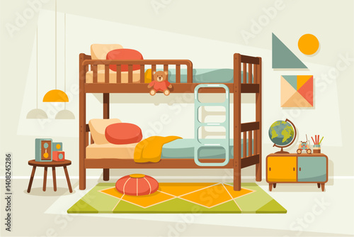 A cartoonish nursery bedroom with a bunk bed and a teddy bear on the top bunk. The room is decorated with a green rug and a globe on a shelf