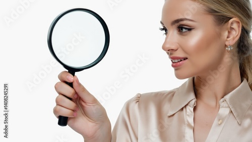 Obraz na płótnie A woman holds a magnifying glass over her face, examining her skin and makeup closely. w salonie