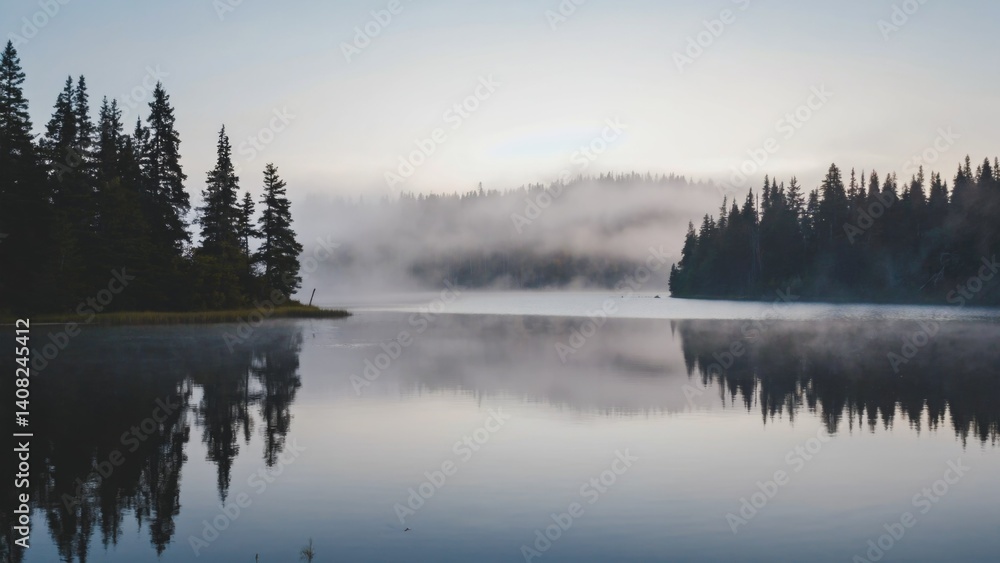 Beautiful tranquil scene of a forest along the shore of a lake with misty fog in the early morning.