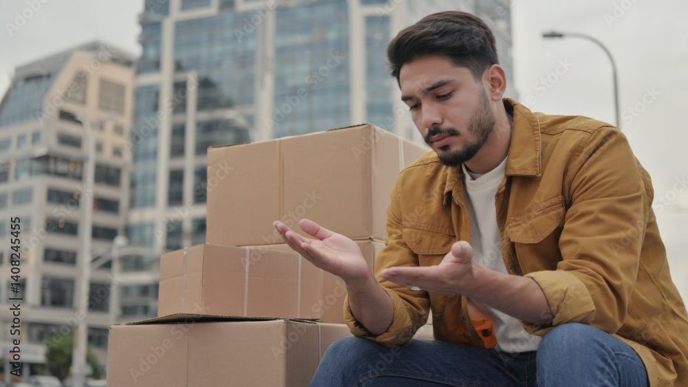 Man sitting with hands clasped in center. Stack of packed boxes behind him. Meditative, peaceful moment amid urban setting.