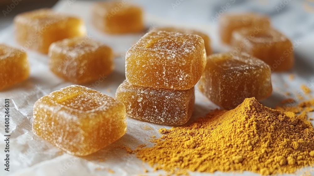 Turmeric gummies and powdered turmeric create a warm and vibrant display on parchment Turmeric gummies and powdered turmeric create a warm and vibrant display on parchment