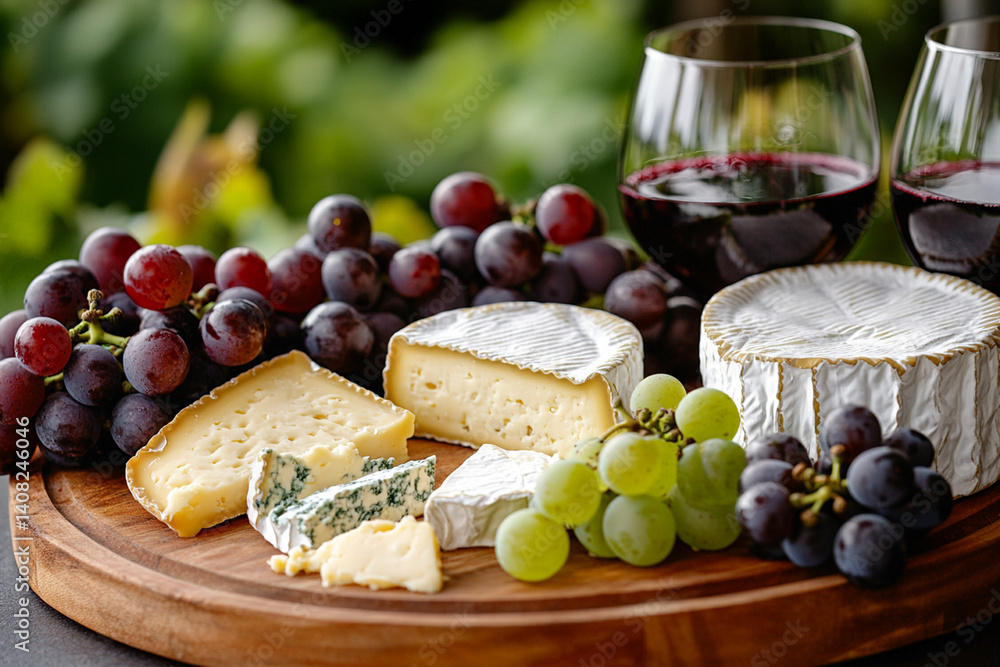 Grapes, cheese and red wine on the background of a vineyard Grapes, cheese and red wine on the background of a vineyard