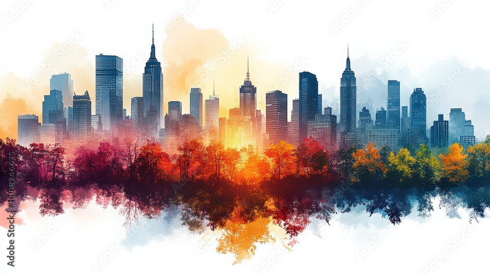 Obraz premium Vibrant Autumn Sunset Over a Silhouette of New York City Skyline with Colorful Trees