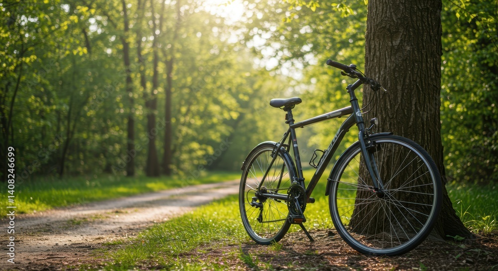 Bicycle parked by tree trunk in sunny woods invites for nature ride and outdoor adventure, perfect for exploring trails, promoting ecotourism and healthy lifestyle. Bicycle parked by tree trunk in sunny woods invites for nature ride and outdoor adventure, perfect for exploring trails, promoting ecotourism and healthy lifestyle.