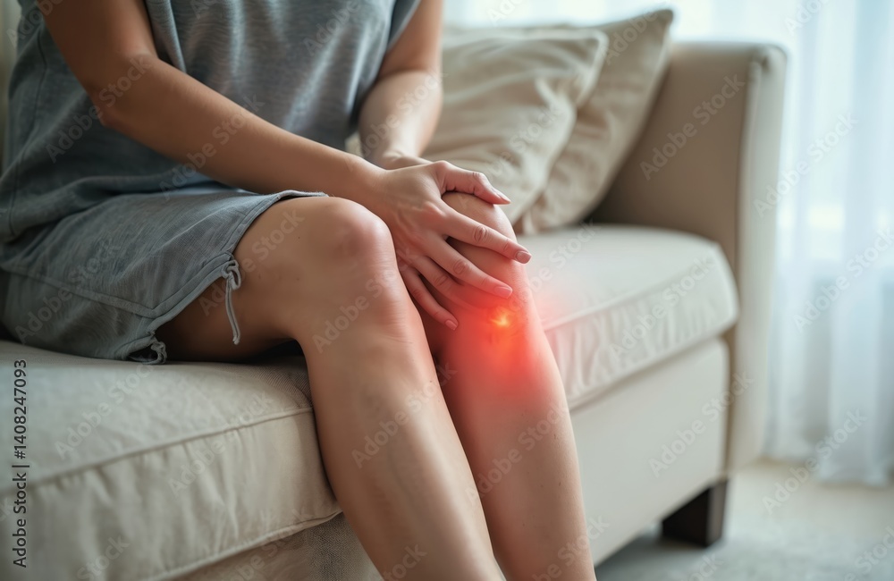 Fototapeta premium Woman sits on sofa, massages painful knee. Red highlight on leg knee indicates pain, injury. Health care problem. Thrombophlebitis, varicose veins, leg pain. Healthcare treatment concept.
