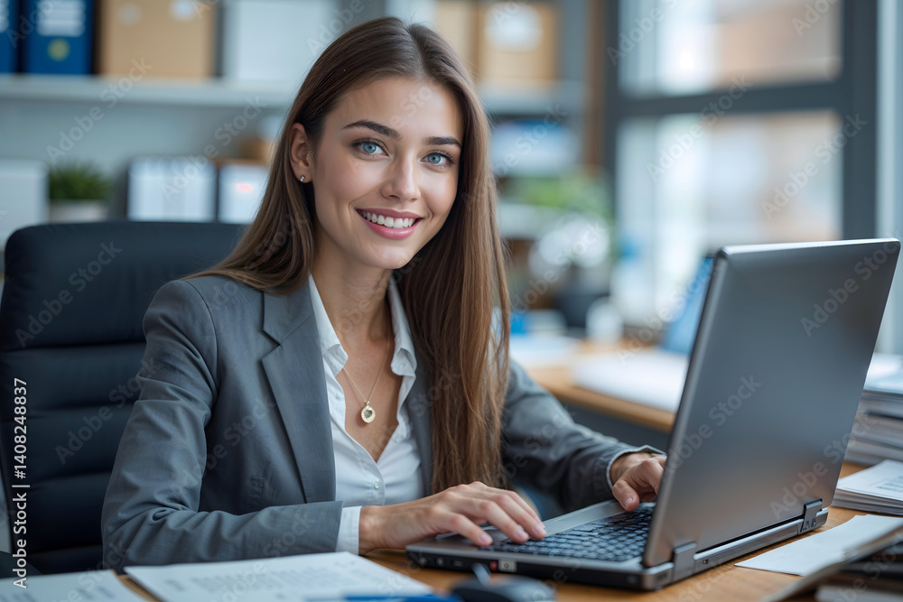 Portrait of a young brunette woman working in an office. Portrait of a young brunette woman working in an office.