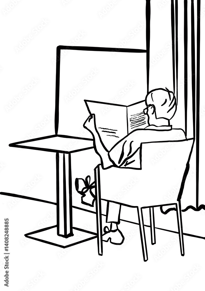 Man reading a newspaper at home - black and white illustration.
