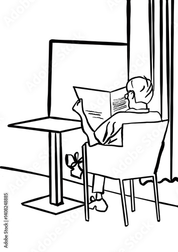 Obraz na płótnie Man reading a newspaper at home - black and white illustration. w salonie