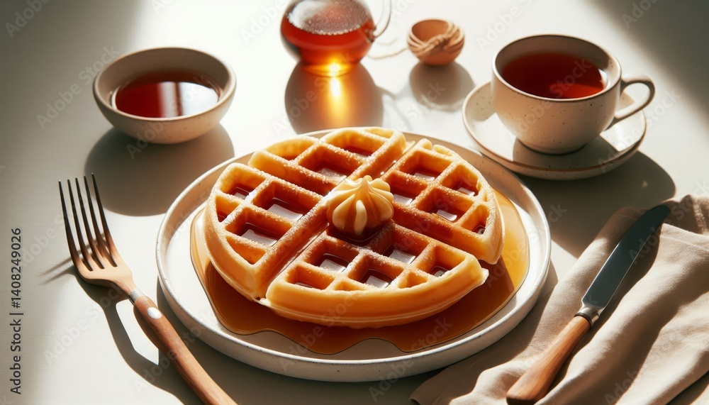 Delicious Steamy Waffles on a Decorated Platter - Crunchy Waffles in American Style coated in Maple Syrup or Butter with Fruits - Decorated Breakfast Table with Milk, Flowers or Fruit Delicious Steamy Waffles on a Decorated Platter - Crunchy Waffles in American Style coated in Maple Syrup or Butter with Fruits - Decorated Breakfast Table with Milk, Flowers or Fruit