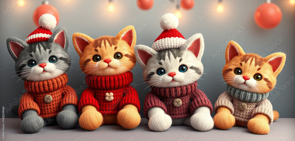 Fototapeta premium Four adorable kittens in colorful knitted sweaters and festive hats gather together against a warm background filled with string lights, embodying a cheerful winter spirit