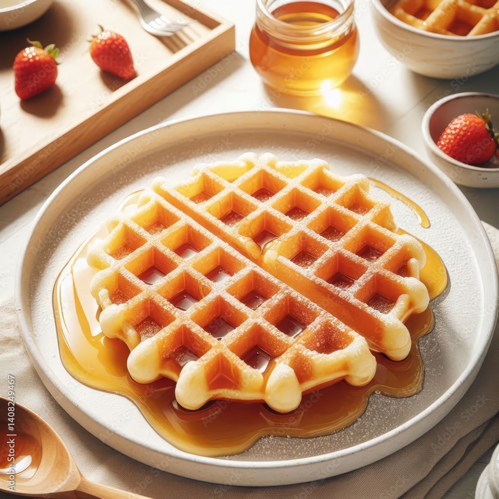Delicious Steamy Waffles on a Decorated Platter - Crunchy Waffles in American Style coated in Maple Syrup or Butter with Fruits - Decorated Breakfast Table with Milk, Flowers or Fruit Delicious Steamy Waffles on a Decorated Platter - Crunchy Waffles in American Style coated in Maple Syrup or Butter with Fruits - Decorated Breakfast Table with Milk, Flowers or Fruit