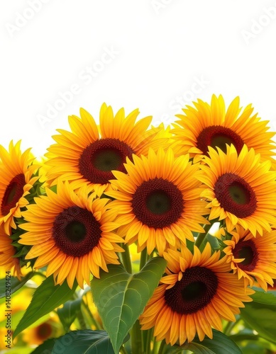 Vibrant sunflowers clustered against a sunny yellow backdrop, optimism, vibrant