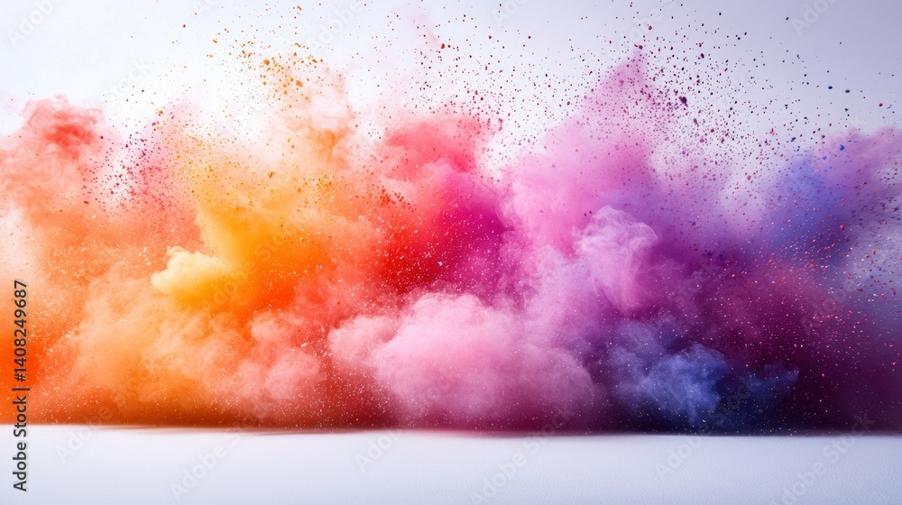 Vibrant explosion of colorful powder. A dynamic display of vibrant hues, including oranges, pinks, purples, and blues, erupting in a powerful, cloud-like explosion against a bright background.