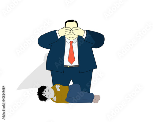Ignorant fat leader covering eyes while starving citizen lies on ground – political injustice concept illustration