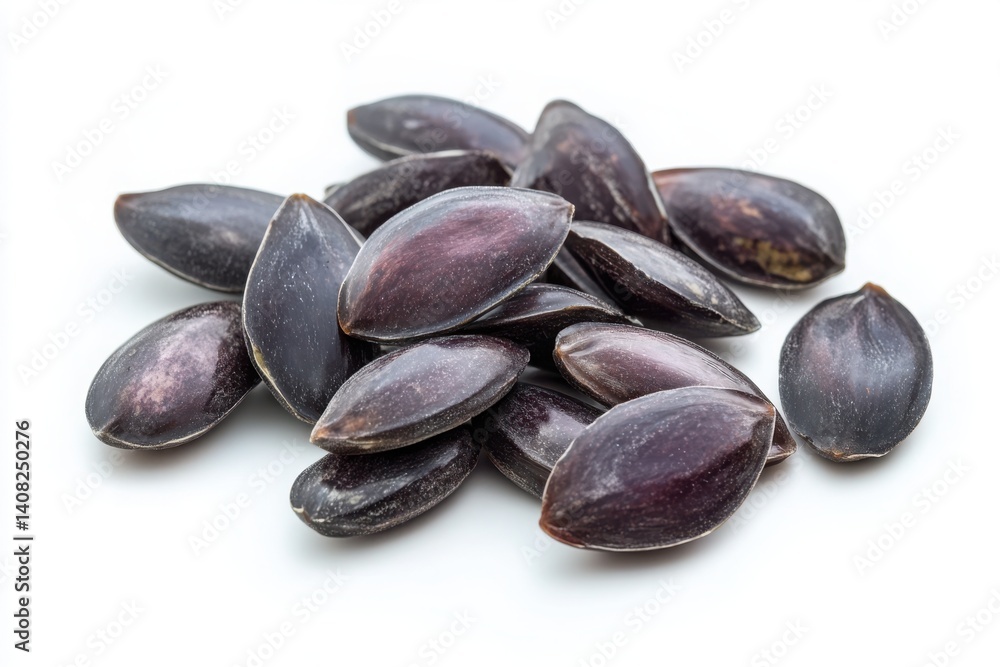 A close up view of a pile of shiny dark seeds on a white surface top view A close up view of a pile of shiny dark seeds on a white surface top view