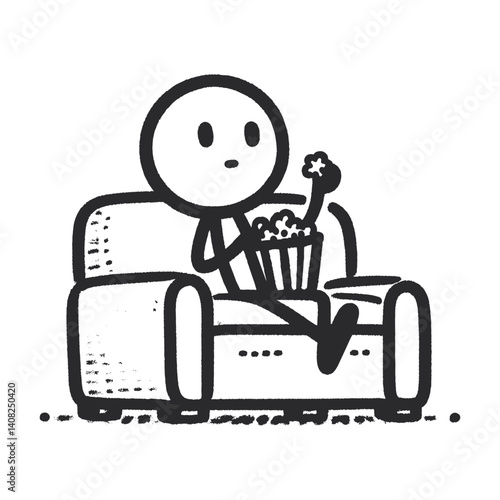 happy stick figure sitting on a couch, enjoying popcorn while watching a movie