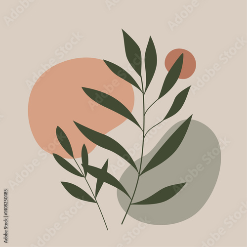 抽象的な形状とシンプルな植物で構成されたボタニカルアート
