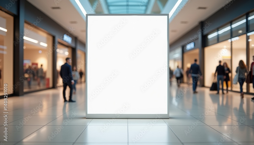Blank Advertising Display in Shopping Mall with Shoppers Blank Advertising Display in Shopping Mall with Shoppers
