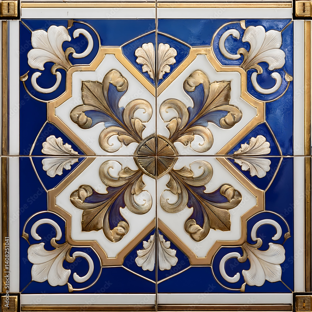Ornate tile design with swirling floral elements in blue, white, and gold tones