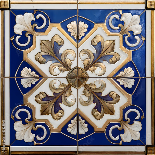 Obraz na płótnie Ornate tile design with swirling floral elements in blue, white, and gold tones w salonie