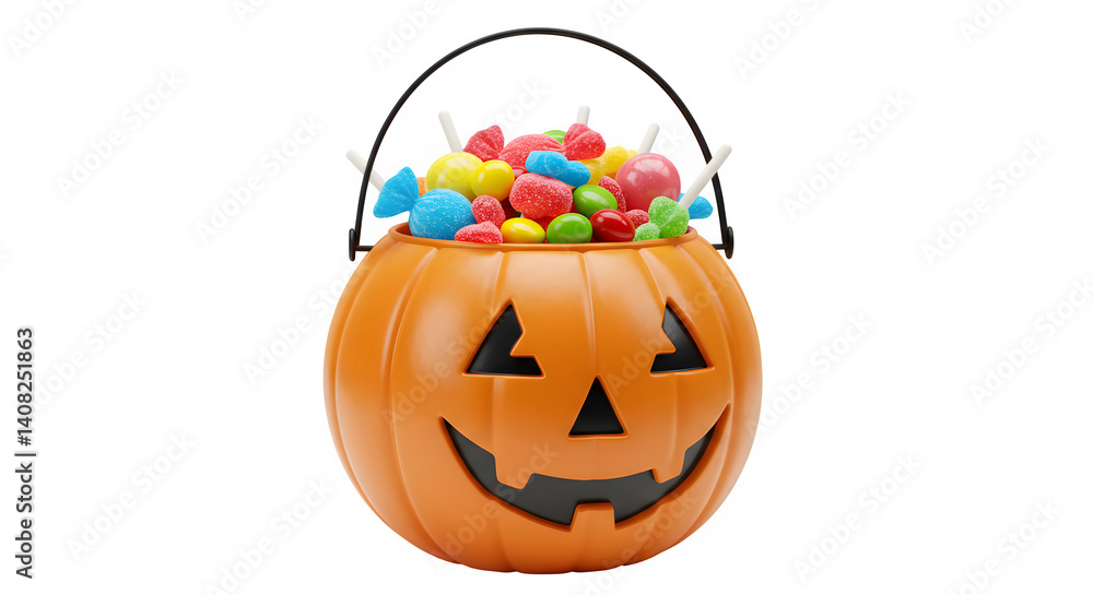 Fototapeta premium scary pumpkin bucket isolated on transparent background, trick or treat bucket isolated on transparent background, halloween treat bucket isolated on transparent background