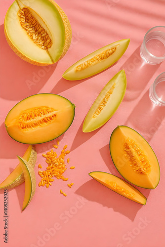 aesthetic top view photo of fresh melon or cantalope isolated on pink background