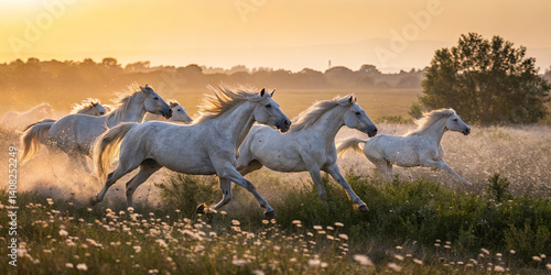 A group of white horses gallops through a grassy field, leaving dust clouds behind. The golden hues of sunset illuminate the scene, creating a magical atmosphere