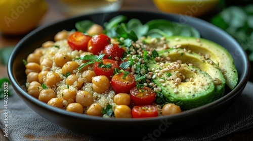 Healthy Quinoa Bowl with Chickpeas, Avocado, and Veggies