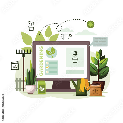 Gardening concept with tools, flowers, rake, seedlings, watering can, fertilizer, glove, etc. Garden, farm and agriculture on computer.