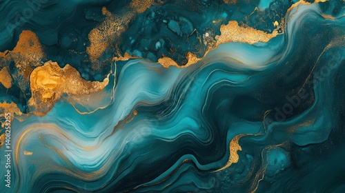 A mesmerizing abstract artwork featuring teal and gold marbling patterns.