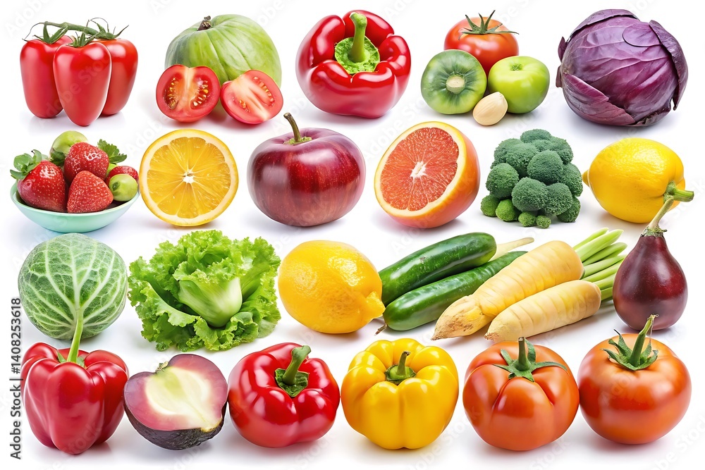 Collection of fruits and vegetables including apples, oranges, broccoli Collection of fruits and vegetables including apples, oranges, broccoli