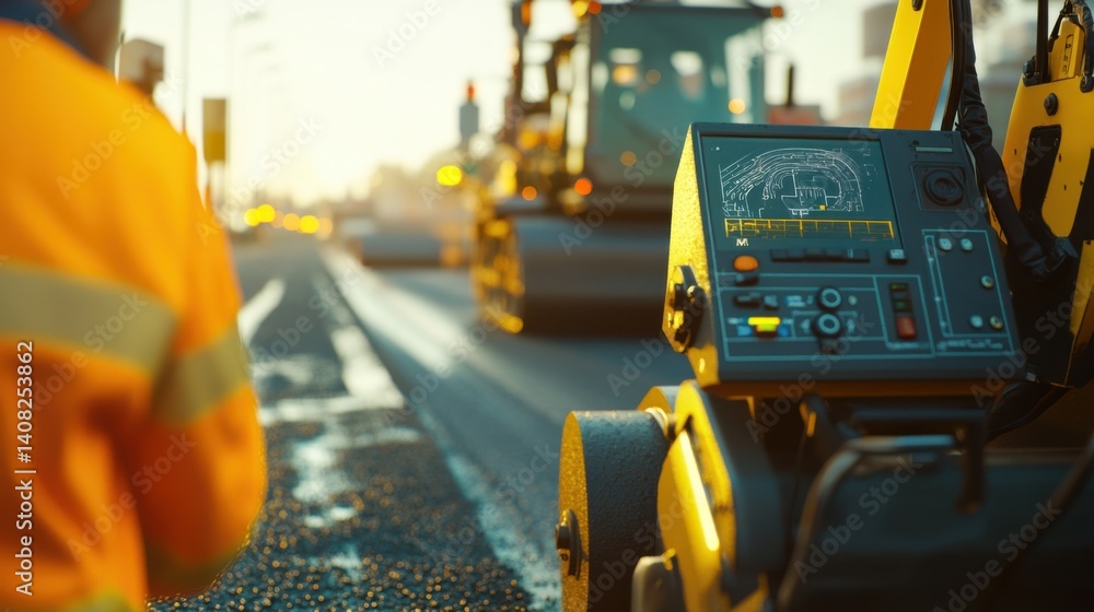Fototapeta premium Road paver operating asphalt smoothing machinery on a highway. Featuring expertise and precision