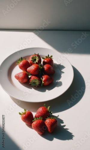 Freshly harvested strawberries arranged on a white plate with natural lighting highlighting their vibrant color and texture