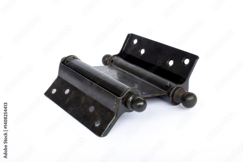 An old rusty black hinge on plain white background. An old rusty black hinge on plain white background.