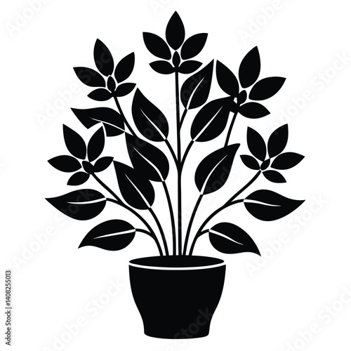 Potted floral vector illustration depicts isolated growth of a blossoming houseplant