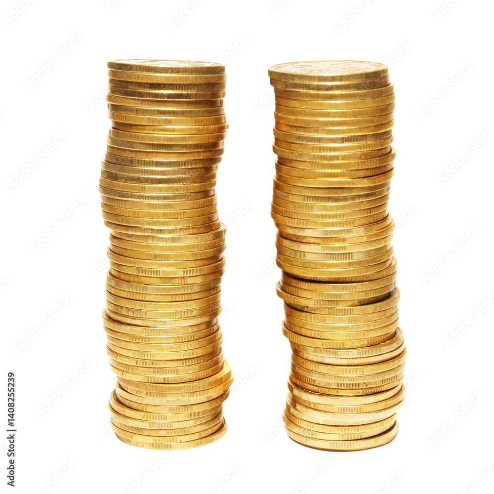 Two towers of gold coins, money finance stock concept in PNG isolated on transparent background
