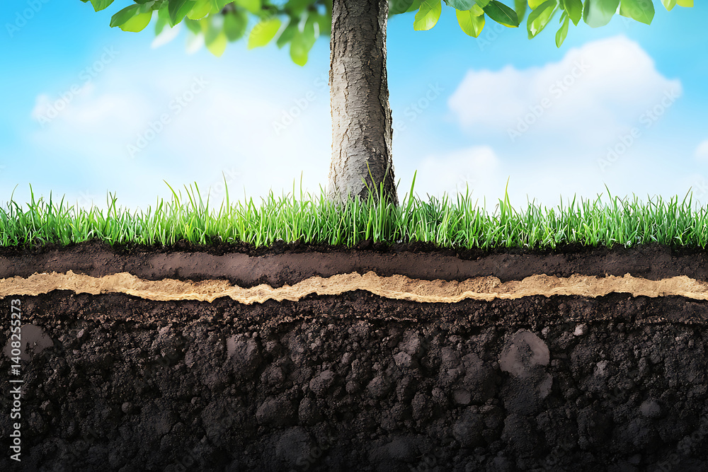 Fototapeta premium A tree's trunk rises from grassy ground revealing soil layers beneath against a bright blue sky and scattered clouds.