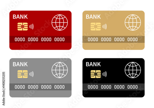 Colorful credit cards set. Red, gold, gray, and black plastic bank cards with chip and contactless symbol. Vector illustration for finance, shopping, payment, banking, and money.