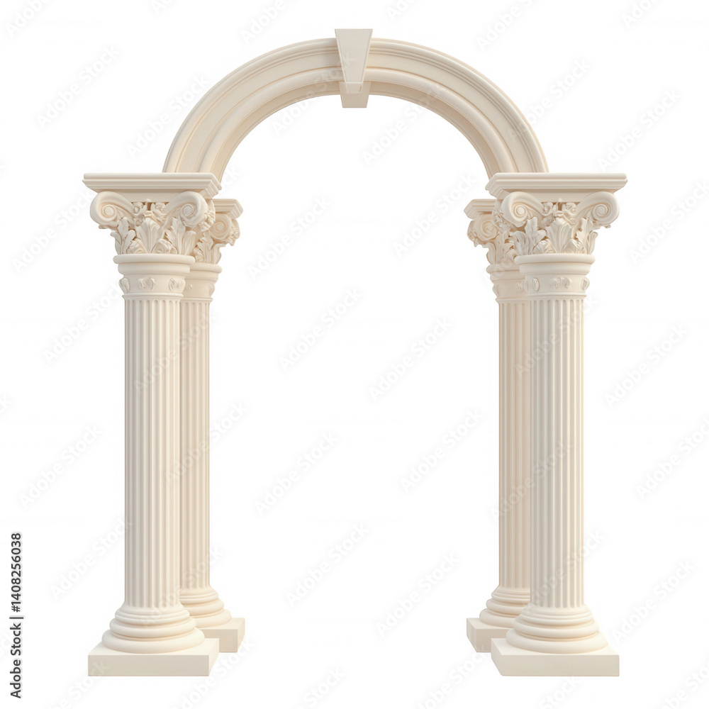 Obraz premium Ornate classical archway featuring fluted composite order columns with decorative capitals, standing against transparent background, highlighting architectural elegance