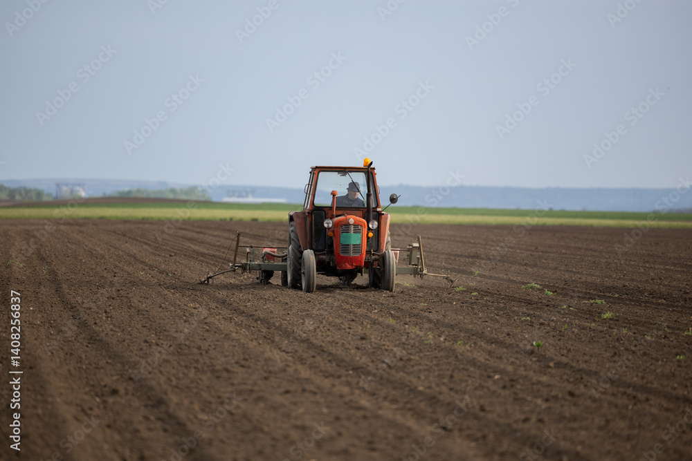 Obraz premium Farmer with tractor seeding in sunset