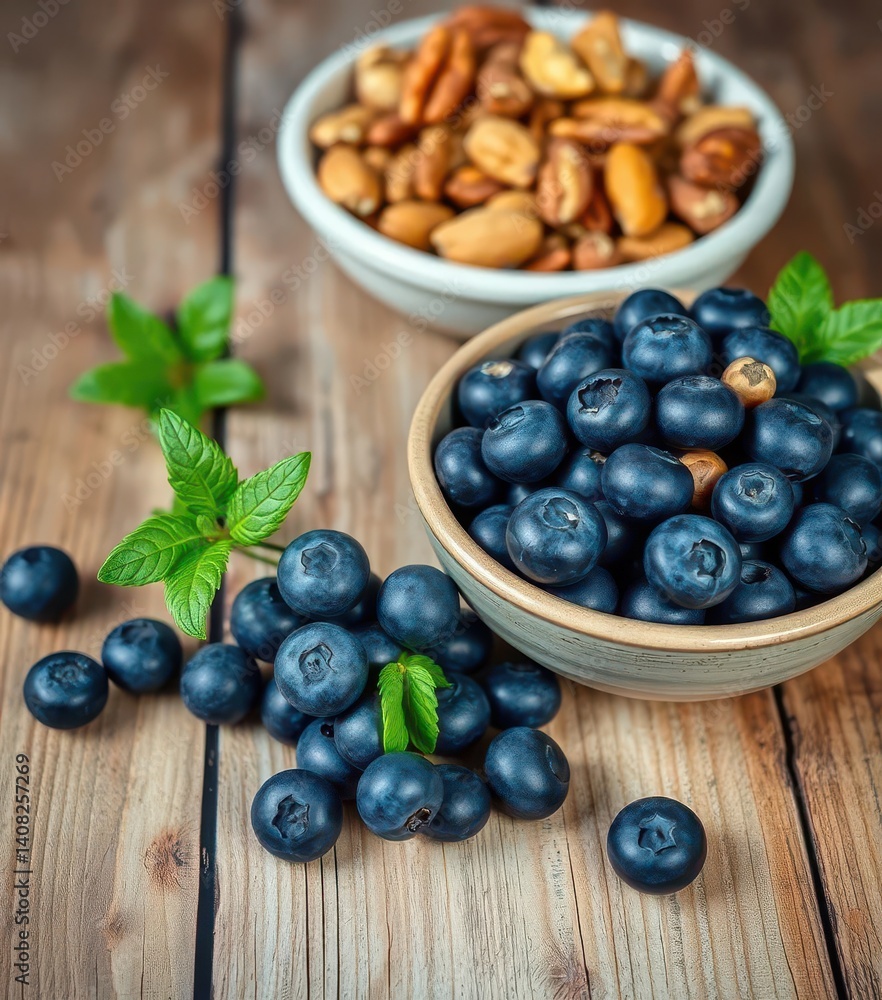 A rustic wooden table holds a bowl of mixed nuts and a bowl of plump blueberries, blueberries, wooden table A rustic wooden table holds a bowl of mixed nuts and a bowl of plump blueberries, blueberries, wooden table