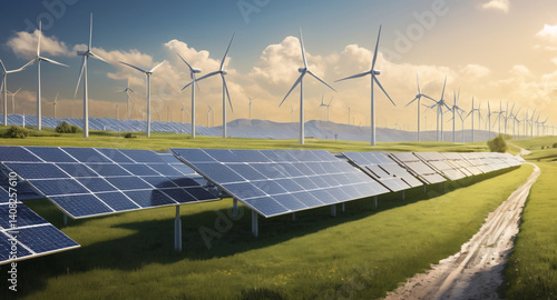 Sustainable Energy Sources Wind Turbines and Solar Panels – Vector Illustration