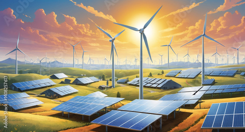 Sustainable Energy Sources Wind Turbines and Solar Panels – Vector Illustration
