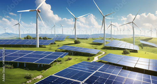 Sustainable Energy Sources Wind Turbines and Solar Panels – Vector Illustration