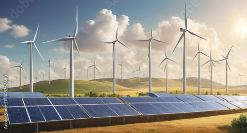 Sustainable Energy Sources Wind Turbines and Solar Panels – Vector Illustration